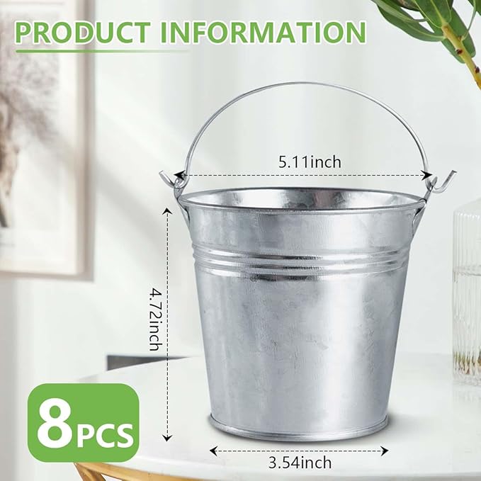 OBTANIM 8 Pack Galvanized Metal Buckets with Handle Ice Pails for Plants, Succulents, Party Favors Organizing, Rustic Home Decor or Classrooms Pencil Storage (5 x 3.5 inch)