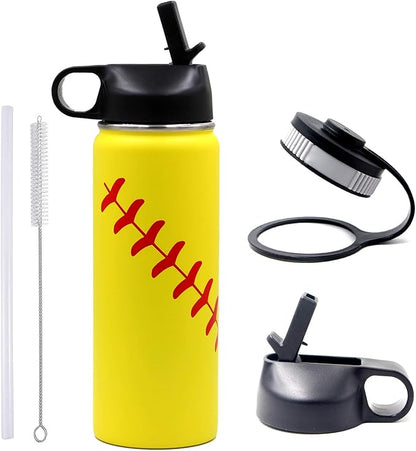 18 oz Softball Water Bottle, Sports Flask with 2 Lids 18/8 Stainless Steel Tumbler Double Wall Vacuum Insulated Metal Canteen Gift for Mom Men (18oz, Yellow Softball)