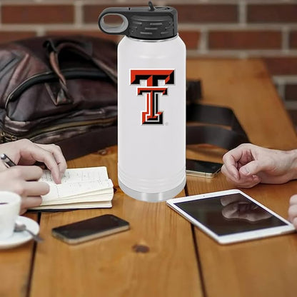 Texas Tech University 32oz Stainless Steel Double Walled White Beverage Bottle with Flip Straw Spout - College Gear for Playoff Season – For Office, Home or Auto – Show your Red Raider Pride