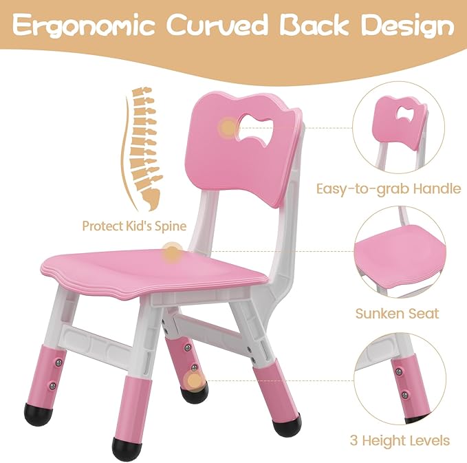 Adjustable Kids Chair (2pcs), 3 Level Height Adjustable Toddler Chair, Plastic Indoor Outdoor Child Chair for Children Age 2-8 Family School Home Daycare Use, Pink