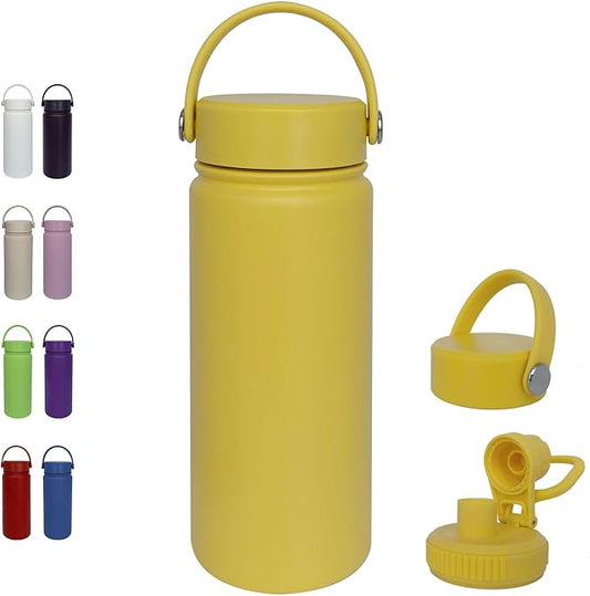 18oz Insulated Water Bottle ，Stainless Steel Sports Water Cup Flask with 2 Lids, Wide Mouth Travel Thermal Mug,Outdoor Sports Bottle（Mango yellow）