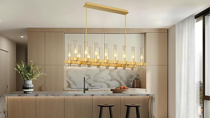 54 Inch Gold Linear Chandelier Kitchen Island Pendant Lighting with 16-Lights Glass Shade, Brushed Brass Modern Farmhouse High Ceilings Over Table Dining Room Light Fixtures