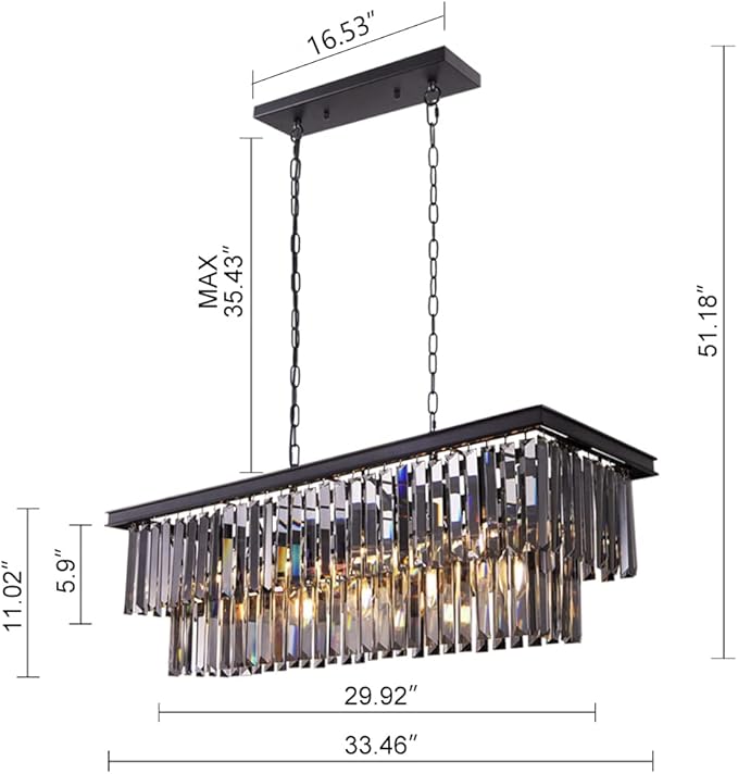 Wellmet Black Crystal Chandelier, 9-Light Modern Farmhouse Chandeliers Dining Room Lighting Fixture, Adjustable Retangle Hanging Ceiling Light for Living Room,Pool Table Light, Kitchen Island