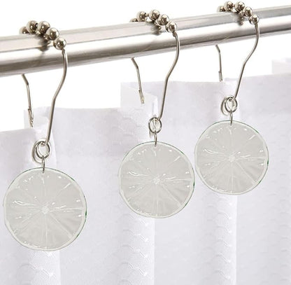 Yellow Lemon Shower Curtain Hooks for Bathroom, Rustproof Stainless Steel Decorative Shower Curtain Rings with Simulated Lemon Slice Pendant for Fruit Summer Theme Bathroom Decor (B)