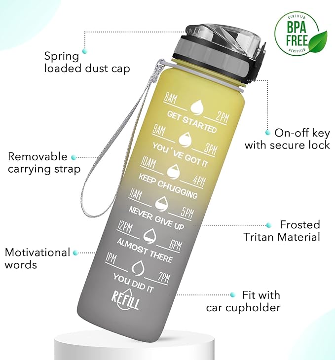 1000ml Motivational Water Bottle with Time Marker, Leak-proof BPA Free Tritan Drink Bottle with Fruit Strainer, Perfect for Fitness, Gym and Outdoor Sports