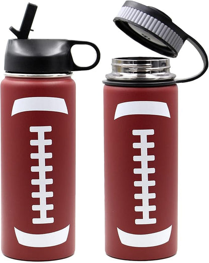 18 oz Football Water Bottle, Flask Sports with 2 Lids 18/8 Stainless Steel Tumbler Double Wall Vacuum Insulated Canteen Keep Beverages Hot/Cold (18oz, Football)