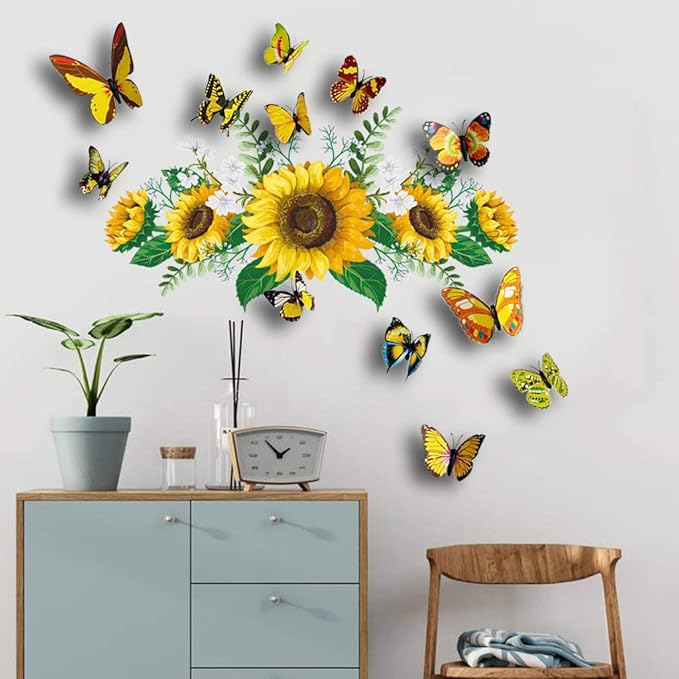 Sunflowers Wall Decal with 12 PCS 3D Colorful Butterfly Wall Stickers for Nursery Bedroom Bathroom Kitchen, Removable Yellow Flower Mural DIY Wall Art Decor Home Decorations for Living Room