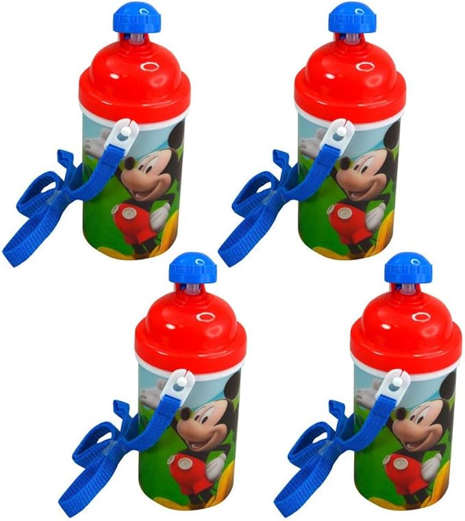 Zak Designs [4-Pack] Disney Mickey Mouse Kids 12oz Pop-up Lid Canteen Water Bottles with Carrying Strap