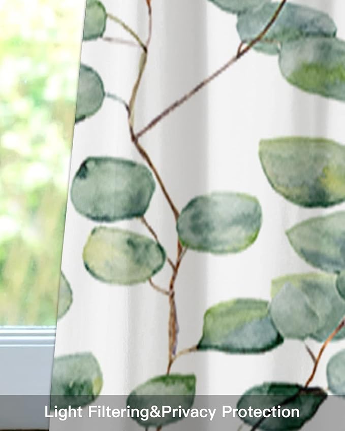 Vandarllin Watercolor Eucalyptus Vine Leaves Kitchen Curtains Valances for Windows Summer Green White Rod Pocket Window Treatment for Kitchen/Living Room/Bedroom/Bathroom,60" X 18" -1 Panel,