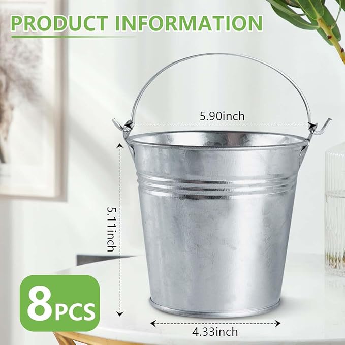 OBTANIM 8 Pack Galvanized Metal Buckets with Handle Ice Pails for Plants, Succulents, Party Favors Organizing, Rustic Home Decor or Classrooms Pencil Storage (6 x 4.3 inch)