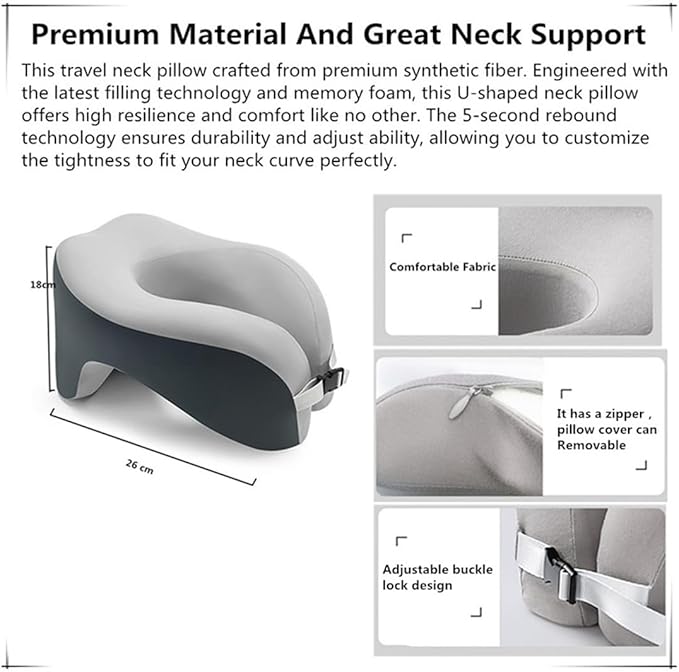 All-Round Head Support Neck Pillow,Memory Foam Travel Neck Pillow for Long Flights, Travel Pillow Comfortable and Breathable is for Car, Train, Bus Trip,Home and office Use (Grey)