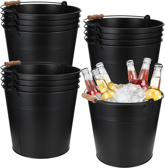 12 Pcs Large Galvanized Metal Buckets with Handle 10 Inch Heavy Duty Stainless Steel Pails Round Pail for Party Wedding, Crafts, Utensils, Table Centerpieces (Black)