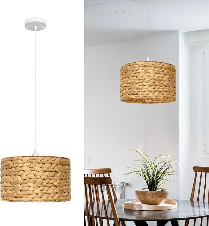 Rattan Pendant Light - Drum Pendant Lights for Home Decor - Natural Woven Pendant Light; Wicker Pendant Light for Dining Room, Kitchen Island