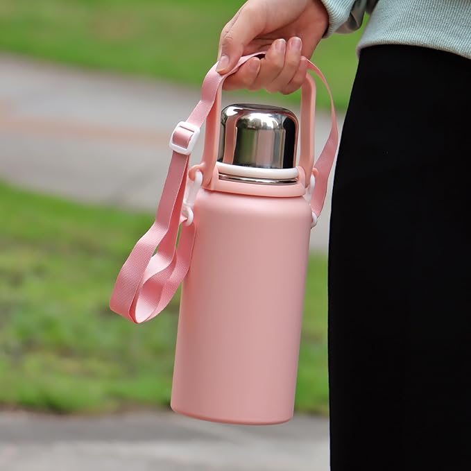 Qair 40 oz Insulated Thermos Stainless Steel Water Bottle with Handle, Strap, Strainer, Sports Travels Coffee Tea Bottle for Home Office Outdoor Pink 1200ml