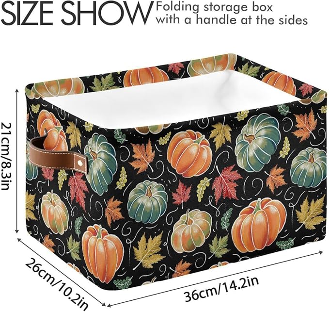 Pumpkin Black Storage Basket Fabric Kitchen Baskets Fall Maple Leaves Autumn Open Home Storage Bins Boxes Foldable Organizer Bag for Baby Cloth Pet Toy Book Shelf Closet Baskets 16×12×8 Inches