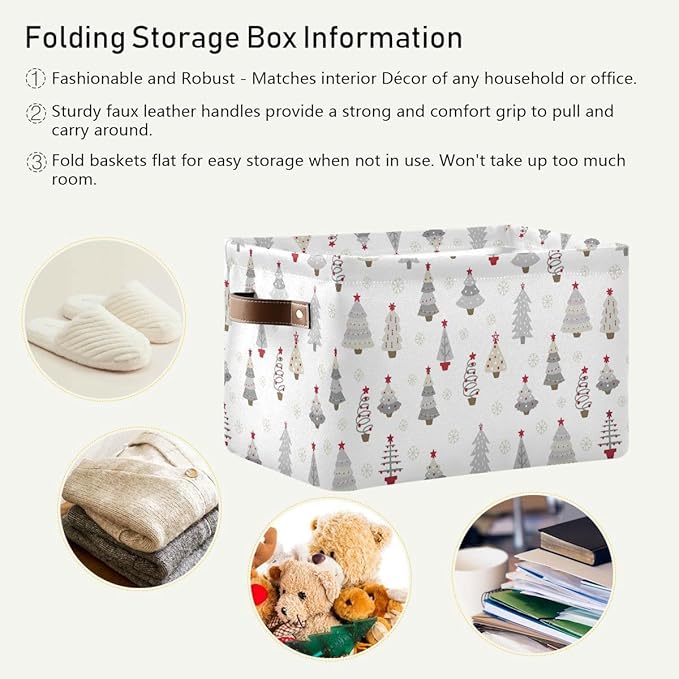 Christmas Tree Gray Storage Basket Fabric Kitchen Baskets Winter Snowflake White Grey Open Home Storage Bins Boxes Foldable Organizer Bag for Book Shelf Closet Baskets 16×12×8 Inches