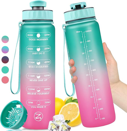 ZOMAKE 32oz Motivational Water Bottle with Times to Drink,Time Marker & Removable Strainer,Fast Flow,Leakproof Tritan BPA Free Non-Toxic Water Jug for Fitness,Gym,Sports…