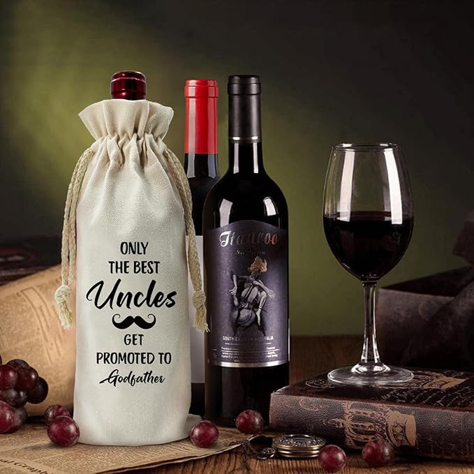 ZHANTUONE，Only the Best Uncles Promoted to Godfather,Father's Day Gifts,Funny party Wine Bags,Drawstring Polyester Cotton Cloth Wine Bag,Gift for Godfather Godparents Baptism Gift