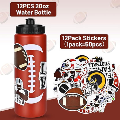 12 Pack Bulk Football Sports Water Bottle with 12 Pack Sticker Gift Set, Squeeze BPA-Free Reusable Water Bottles for Football Team Party Favors Gift（20OZ）