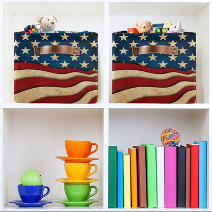 America Usa Flag Storage Basket Large Collapsible Storage Cube Bin Rectangular Laundry Organizer with Leather Handles for Nursery Shelf Bedroom Home, 1Pc