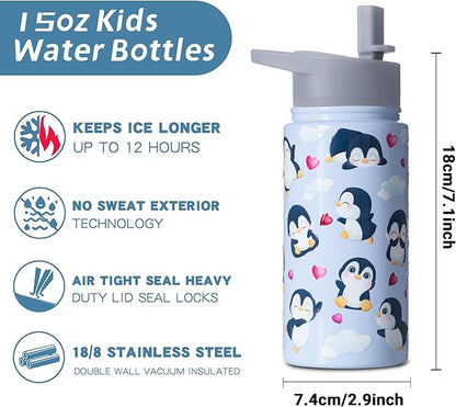 15oz Penguin Insulated Stainless Steel Water Bottle With Straw & Brush, Christmas Birthday Gifts for School - Hand Wash Only