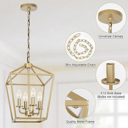 4 Light Chandelier Light, Modern Ceiling Lighting with Metal Cage, Gold Lantarn Fixture Adjustable Chain, Geometric Hanging Light Fixture E12 Base for Entryway, Kitchen Island, Indoor Use