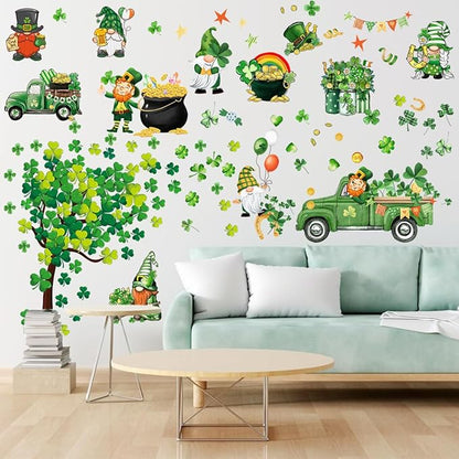 St. Patrick's Day Wall Decals Stickers Green Truck Shamrock St. Patricks Day Window Clings Lucky Clover Golden Coins Irish Spring Holiday Home Kitchen School Office Decor Party Supplies Decoration