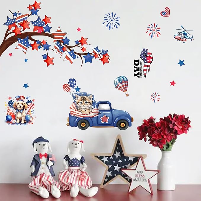 America Independence Day Wall Stickers for Wall Decor 2 Large Sheets 4th of July Wall Decals Removable Fireworks Animal Flag Star Window Decals Patriotic Memorial Day Stickers for Kitchen Home Decor