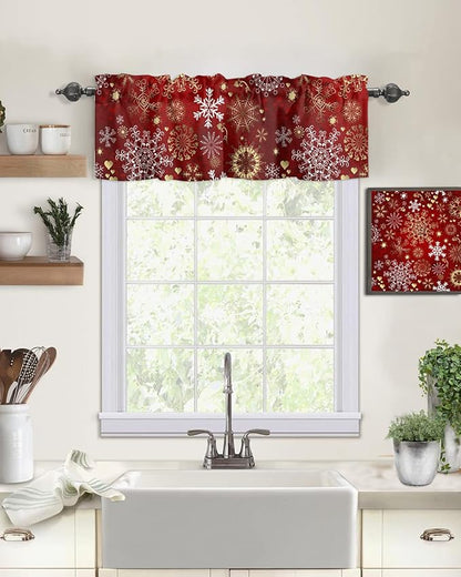 Vandarllin Christmas Kitchen Curtains Valances for Windows Snowflake Pattern Rod Pocket Window Treatment for Kitchen/Living Room/Bedroom/Bathroom,42" X 18" -1 Panel, Gold White