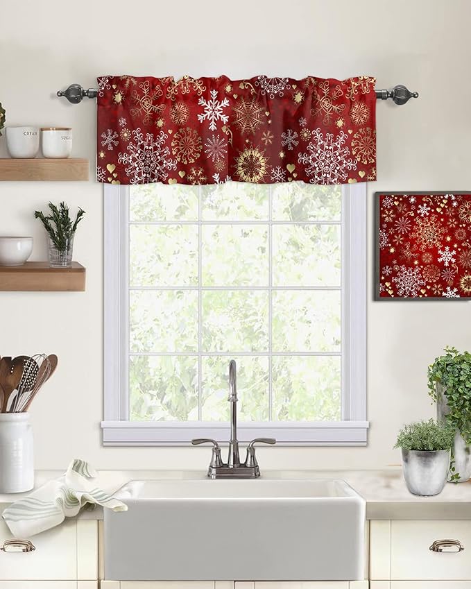 Vandarllin Christmas Kitchen Curtains Valances for Windows Snowflake Pattern Rod Pocket Window Treatment for Kitchen/Living Room/Bedroom/Bathroom,60" X 18" -1 Panel, Gold White