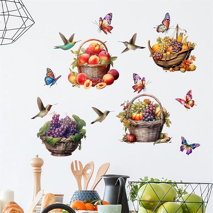 Colorful Fruits Basket Butterfly Hummingbirds Wall Stickers, sacinora Grapes Peaches Pumpkin DIY Wall Decals Removable Vinyl Peel and Stick for Kitchen Living Room Bedroom Art Home Decorations