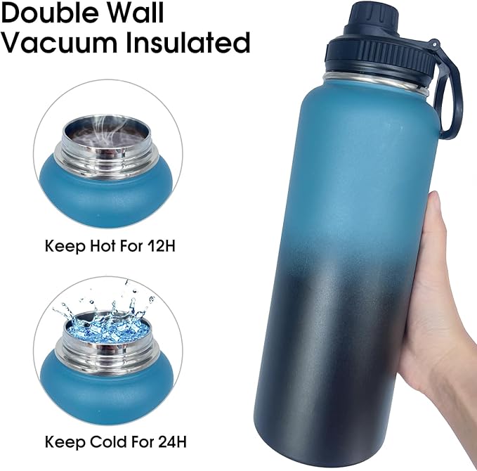 1pack 40 oz Insulated Water Bottle With Straw, Stainless Steel Sports Water Cup Flask with 2 Lids, Wide Mouth Travel Thermal Mug,Navy Black