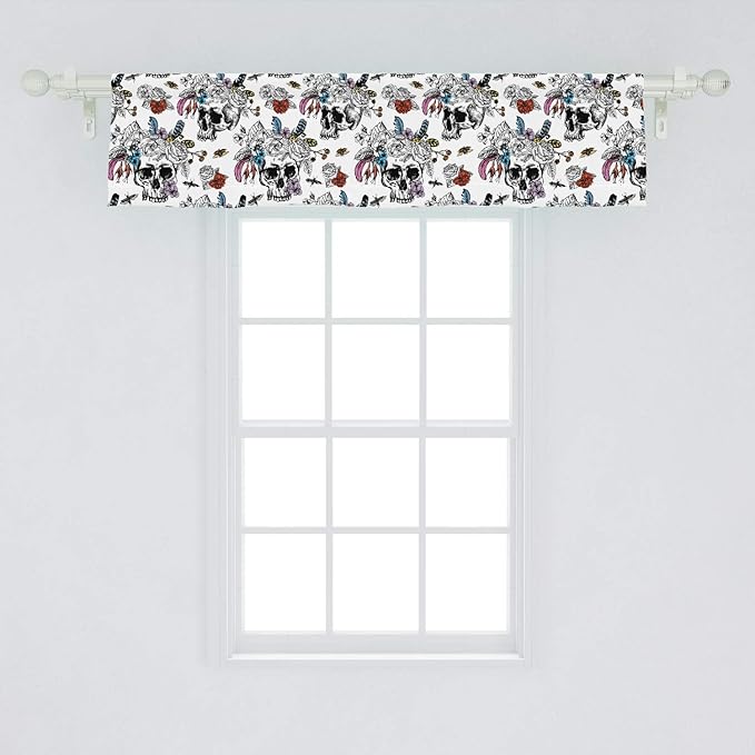 Ambesonne Gothic Window Valance, Day of The Dead Inspired Human Skulls Design with Colorful Flowers Mexican Tradition, Curtain Valance for Kitchen Bedroom Decor with Rod Pocket, 54" X 12", Charcoal