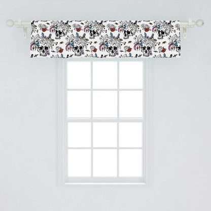 Ambesonne Gothic Window Valance, Day of The Dead Inspired Human Skulls Design with Colorful Flowers Mexican Tradition, Curtain Valance for Kitchen Bedroom Decor with Rod Pocket, 54" X 12", Charcoal