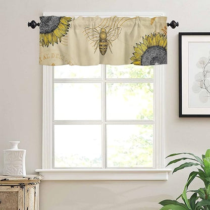 Vintage Sunflower Bee Valance Curtains for Kitchen Window,Summer Rod Pocket Valances Window Treatments Yellow Short Curtains for Bedroom/Living Room,54" X 18" -1 Panel,