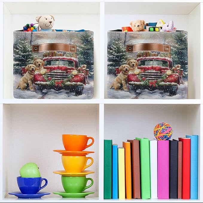 Christmas Truck Golden Retriever Storage Basket Fabric Kitchen Baskets Winter Car Dogs Xmas Tree Open Home Storage Bins Boxes Foldable Organizer Bag for Book Shelf Closet Baskets 16×12×8 Inches