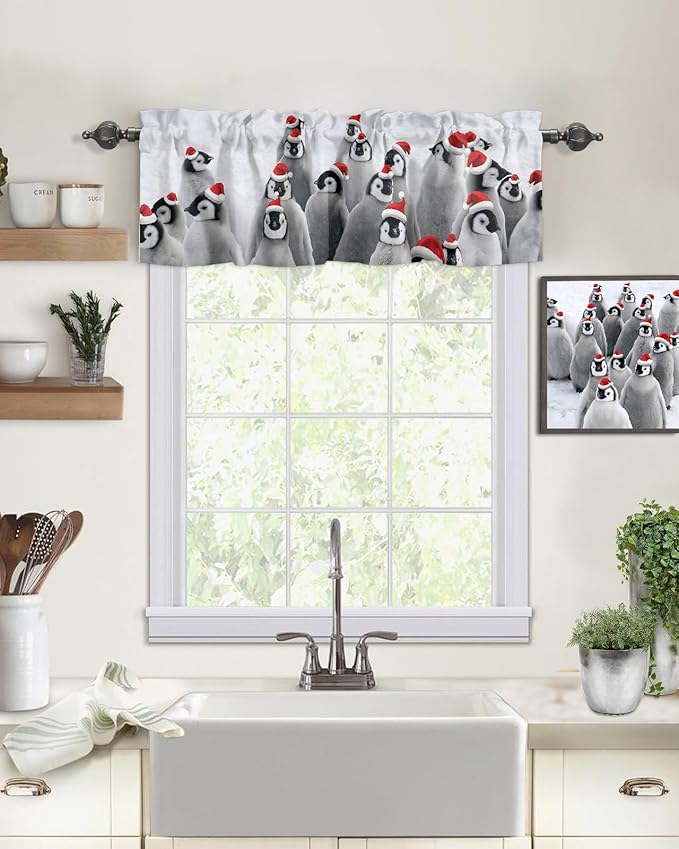 Vandarllin Funny Penguin with Christmas Hat Kitchen Curtains Valances for Windows Winter Holidays Rod Pocket Window Treatment for Kitchen/Living Room/Bedroom/Bathroom,42" X 12" -1 Panel,