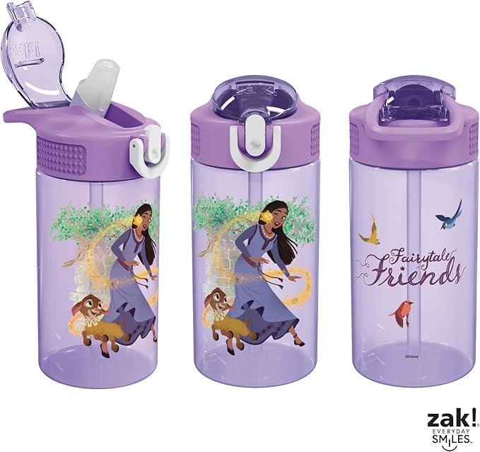 Zak Designs Disney Wish Kids Water Bottle For School or Travel, 16oz Durable Plastic Water Bottle With Straw, Handle, and Leak-Proof, Pop-Up Spout Cover (Asha & Valentino)