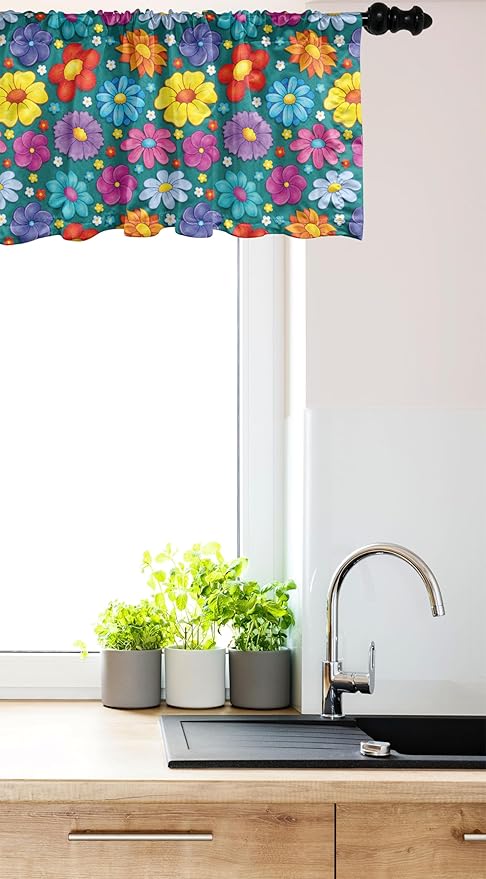 Ambesonne Flower Window Valance, Art Blooming Daisy Peony Lily with Colorful Petals Spring Garden Scenario Print, Curtain Valance for Kitchen Bedroom Decor with Rod Pocket, 42" x 18", Teal Multicolor