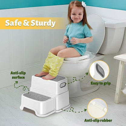 2 Step Stool for Kids, Anti-Slip Toddler Toilet Potty Training Stool with Handles, Two Step Stool for Bathroom, Kitchen, Bedroom, Living Room