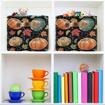 Pumpkin Black Storage Basket Fabric Kitchen Baskets Fall Maple Leaves Autumn Open Home Storage Bins Boxes Foldable Organizer Bag for Baby Cloth Pet Toy Book Shelf Closet Baskets 16×12×8 Inches