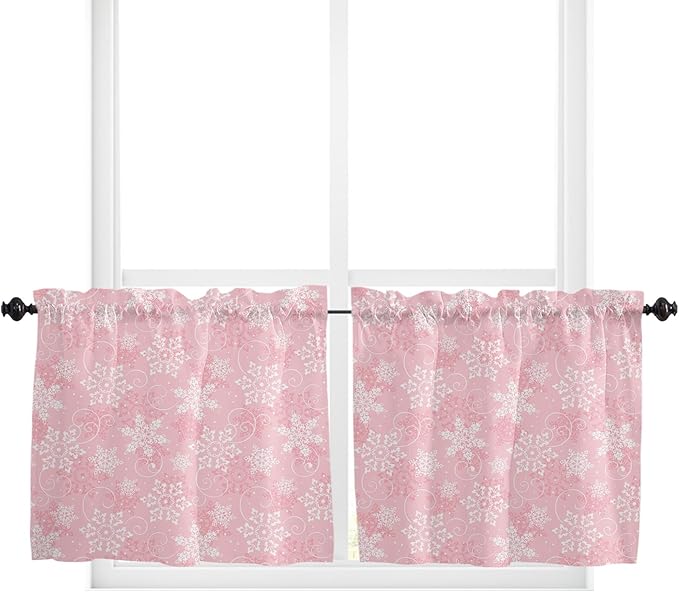 Vandarllin Christmas Kitchen Curtains and Valances Set, Pink White Snowflakes Pattern Windows Treatments Tiers Half/Short Curtains for Small Windows Cafe/Living Room/Bedroom 54x24 in Winter