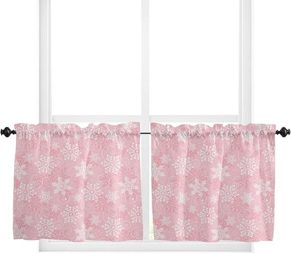 Vandarllin Christmas Kitchen Curtains and Valances Set, Pink White Snowflakes Pattern Windows Treatments Tiers Half/Short Curtains for Small Windows Cafe/Living Room/Bedroom 54x36 in Winter