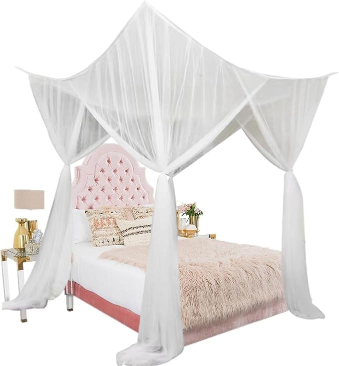 Bed Canopy Mosquito Net for Bed, Canopy Bed Curtains for Twin Full Queen Size, Princess Bedroom Canopy for Kids Girls Adults, Square Bed Tent Home Decor Bed Drapes (White)