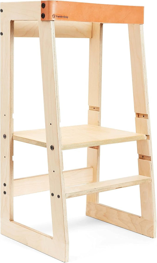 Wooden Toddler Tower and Step Stool (Toddler Step Stool with Leather Strap, Kitchen Tower, Safety Stool, Kid Step Stool, Activity Tower, Kid Tower)