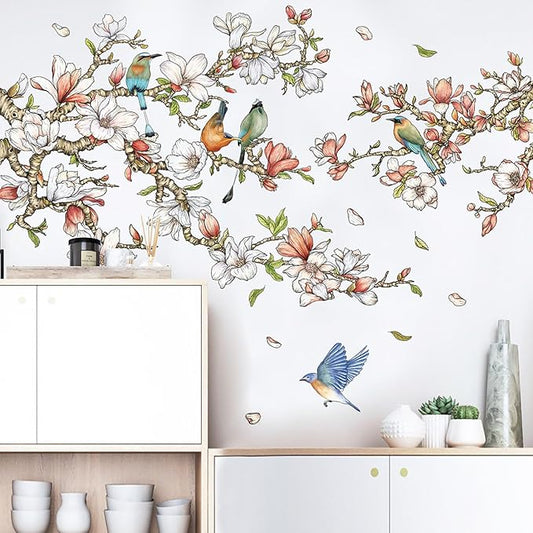 Orchid Blossom Tree Branch Wall Decals Peel and Stick Birds Vinyl Wall Stickers 3D Wall Art Stickers Home Decor for Gilrs Bedroom Nursery Rooms Living Room