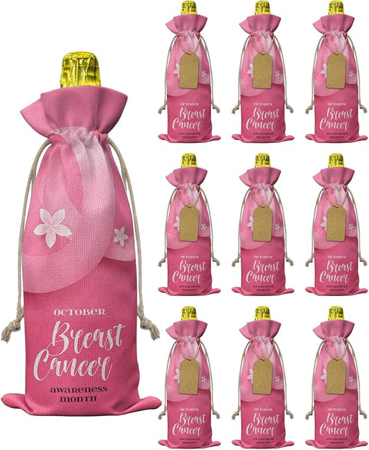 10 Pack Wine Bottle Bags, Breast Cancer Wine Bottle Cover with Drawstring, Gift Bag for Champagne, Wedding, Birthday, Christmas, Thanksgiving, Party Pink Ties Blooming Spring Floral