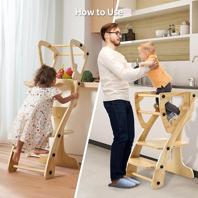 2 in 1 Toddler Kitchen Step Stool, Kids Standing Learning Tower, Wooden Child Kitchen Stool Helper Adjustable Height with Safety Rails