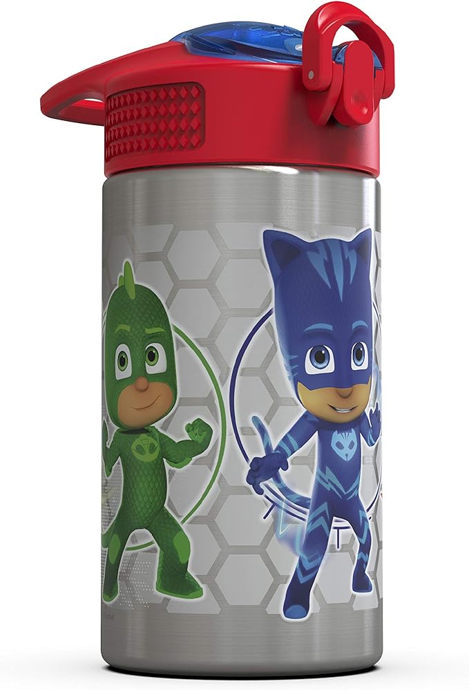 Zak Designs PJ Masks 15.5oz Stainless Steel Kids Water Bottle with Flip-up Straw Spout - BPA Free Durable Design, PJ Masks SS, Catboy, Owlette & Gekko, Single Wall