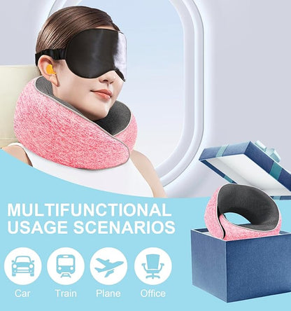 Travel Neck Pillow, Memory Foam Airplane Neck Pillow with 360 Degree Comfort and Breathability, Travel Essentials for Airplanes, Home and Car (Pink)